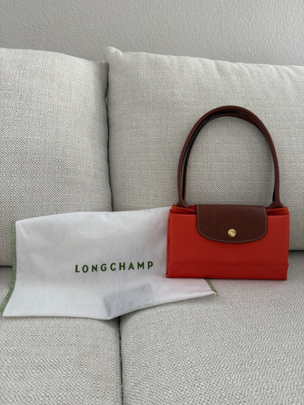 Longchamp M Le Pliage Rust Nylon Top-Handle Bag with Brown Trim